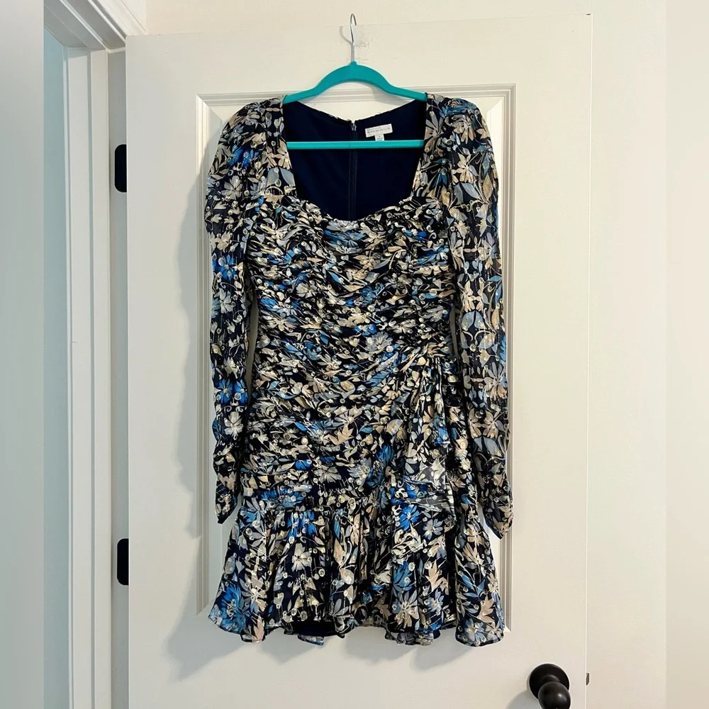 Monique Lhuillier Blue and Beige Metallic Floral Ruched Long-Sleeve Dress - Picture 6 of 8